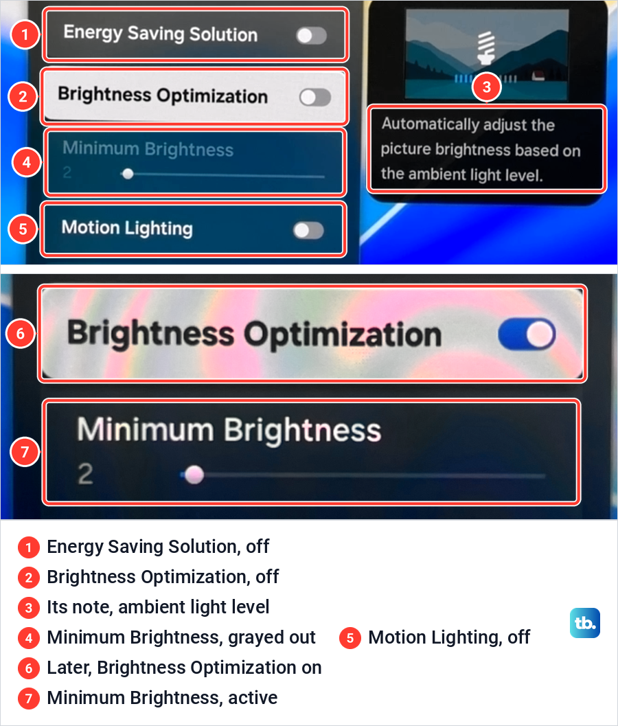 Samsung Power and Energy Saving page with every switch off, above a later photo with Brightness Optimization on.