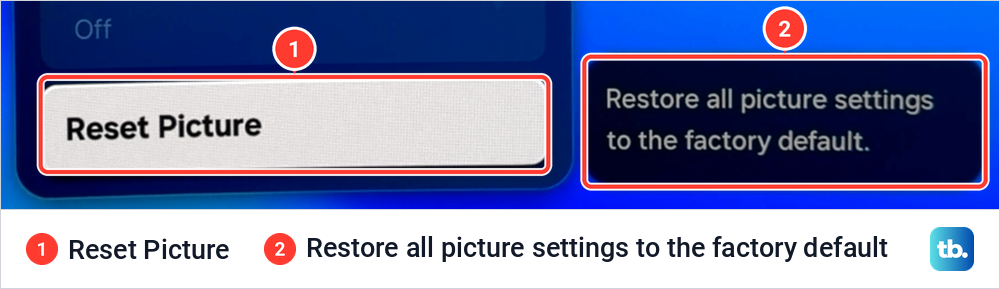 Samsung Expert Settings scrolled to the bottom with Reset Picture highlighted and its factory default note.