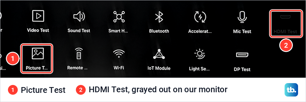 Samsung Self Diagnosis test tiles with the Picture Test tile marked and the HDMI Test tile grayed out.