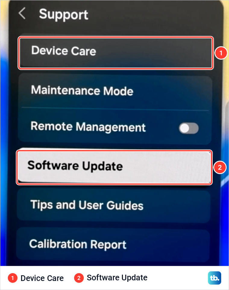 Samsung Support menu with Device Care at the top and the Software Update row highlighted below it.