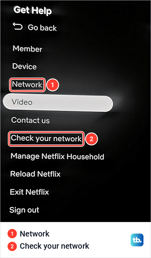 Netflix Get Help menu on a Samsung smart screen with the Network and Check your network rows marked.