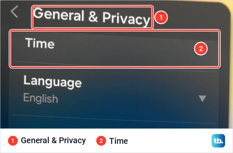Samsung General and Privacy menu with the Time row directly below the menu title.