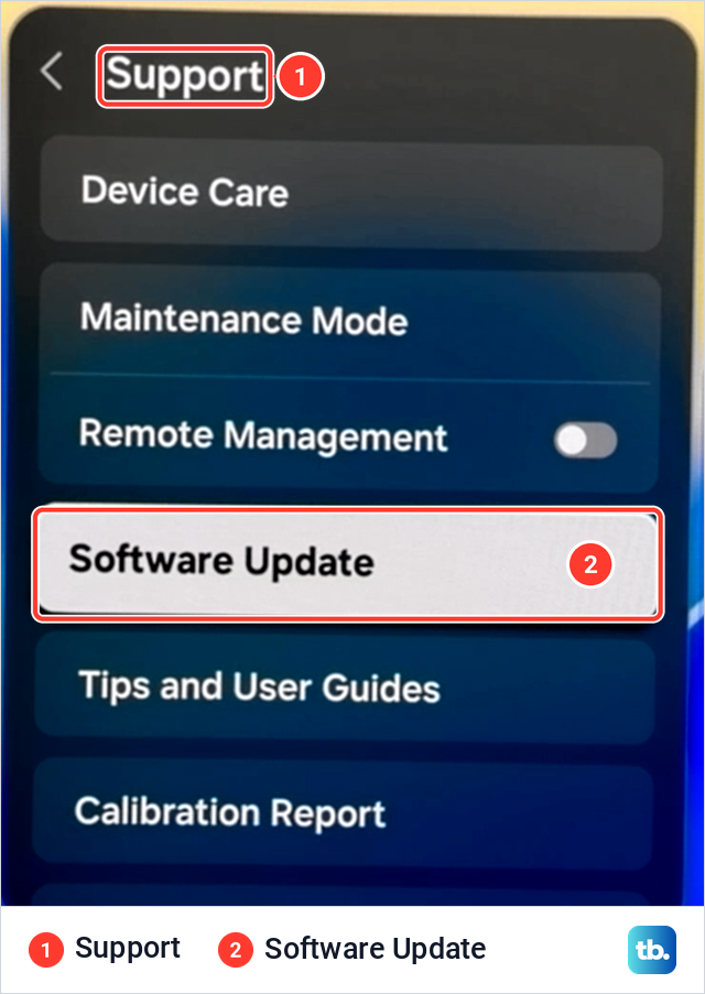 Samsung Support menu with Software Update highlighted below Device Care and Remote Management.