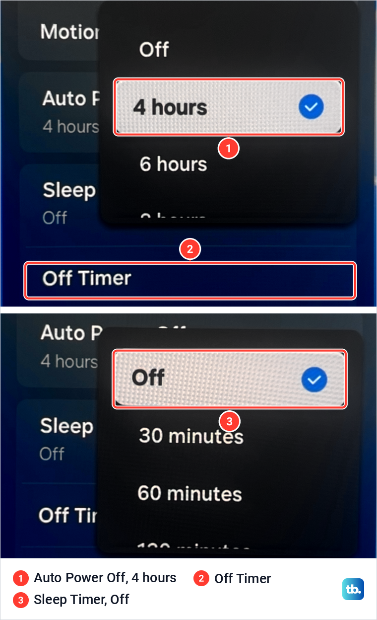 Samsung Auto Power Off options with 4 hours ticked, above the Sleep Timer options with Off ticked.
