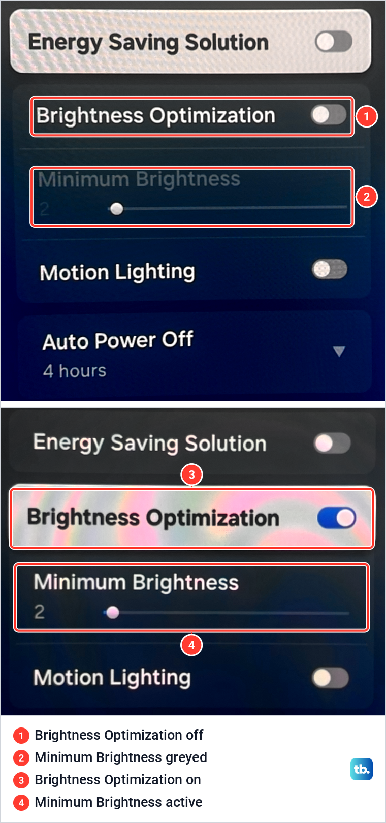 Samsung Power and Energy Saving menu before and after Brightness Optimization was switched on.