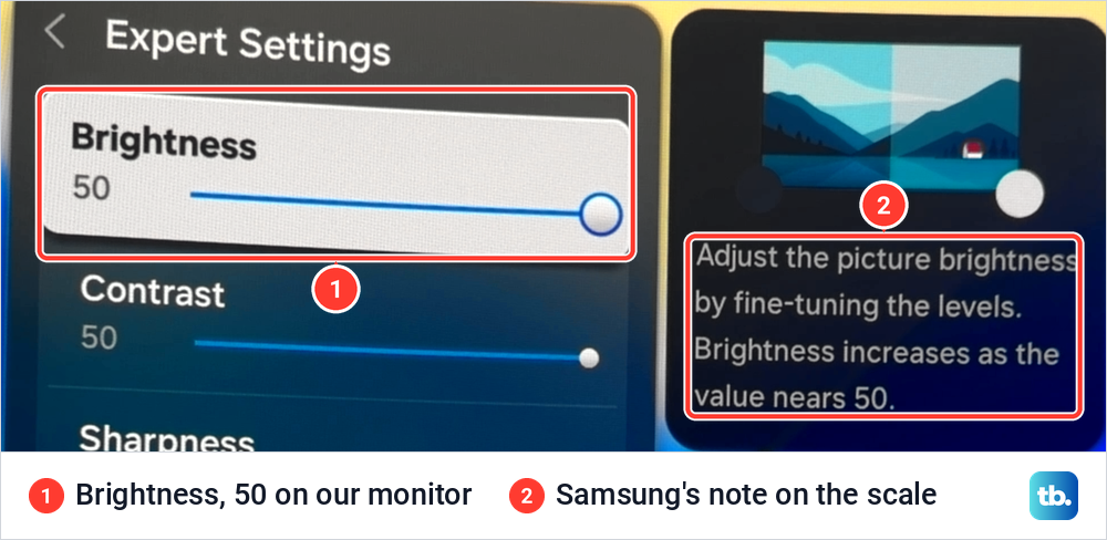 Samsung Expert Settings with the Brightness slider at 50 and its help note beside it.