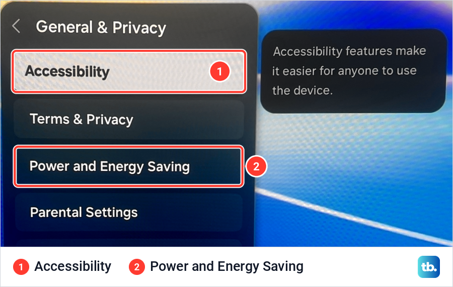 Samsung General and Privacy menu with Accessibility highlighted at the top and Power and Energy Saving below it.