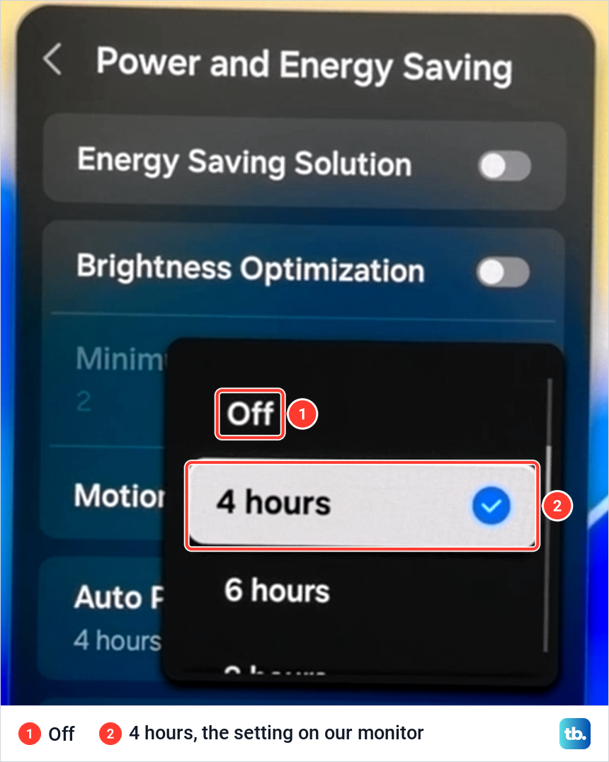 Samsung Auto Power Off list open, showing Off, 4 hours and 6 hours, with 4 hours ticked.