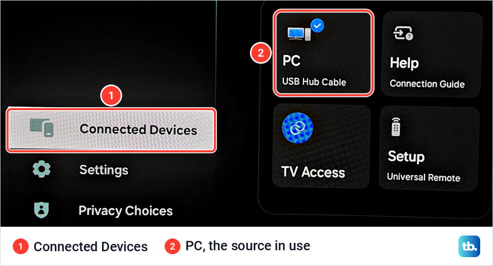 Samsung Home side menu with Connected Devices selected and the source panel open, PC ticked as the source in use.