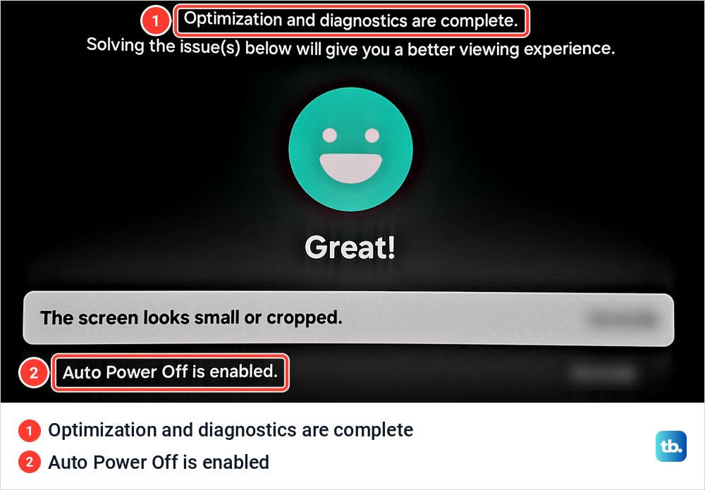 Samsung Device Care result screen with Auto Power Off is enabled listed under the smiling face.