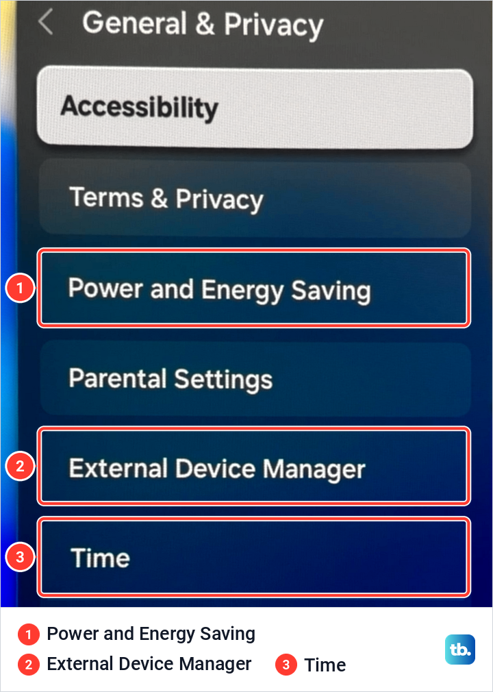 Samsung General and Privacy menu with Power and Energy Saving, External Device Manager and Time marked.