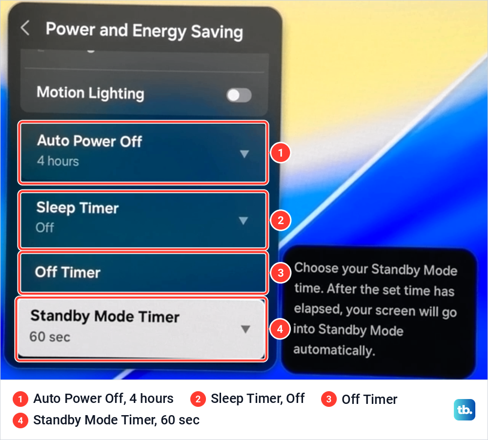 Samsung Power and Energy Saving menu listing Auto Power Off, Sleep Timer, Off Timer and Standby Mode Timer.