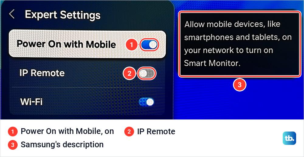 Samsung Expert Settings page with the Power On with Mobile switch on, IP Remote below it and Samsung's description beside them.