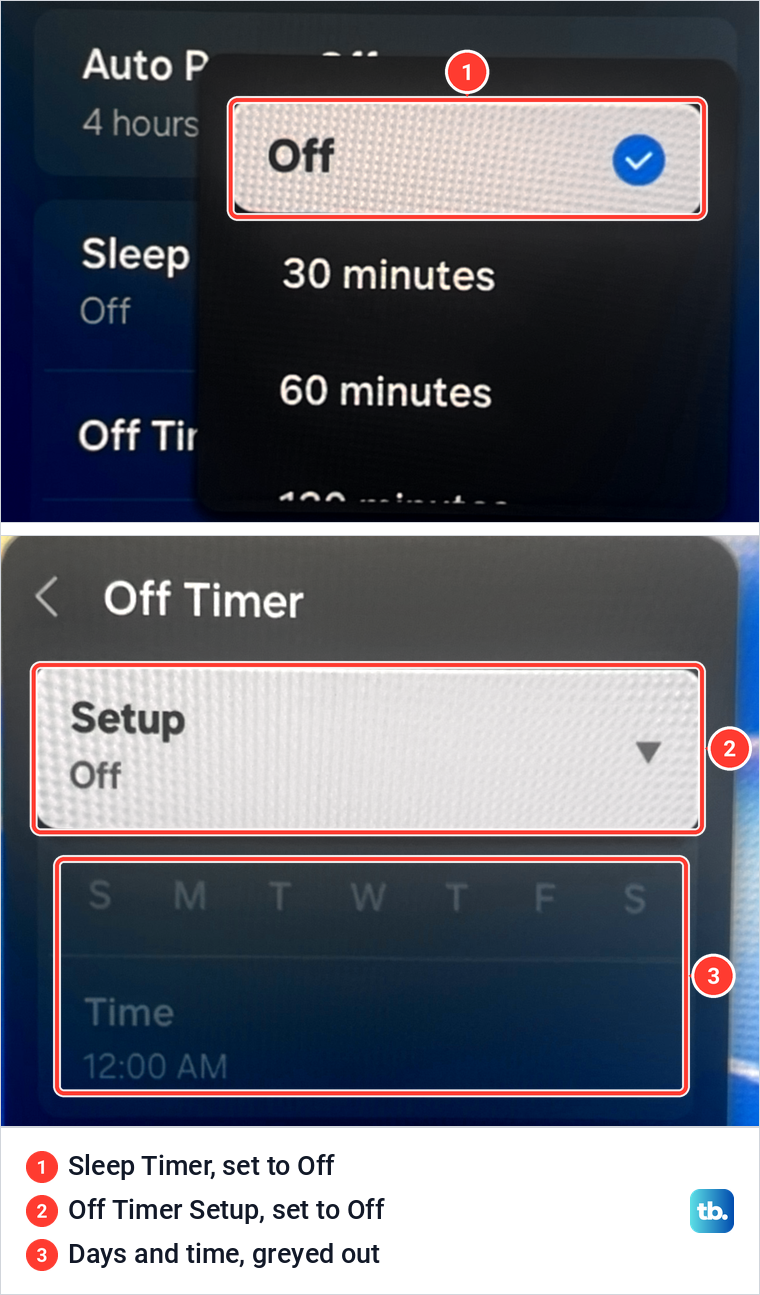 Samsung Sleep Timer list set to Off above the Off Timer page with its day picker and time greyed out.