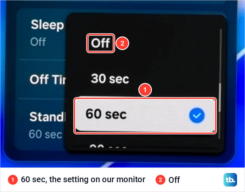 Samsung Standby Mode Timer list open, showing Off, 30 sec and 60 sec, with 60 sec ticked.