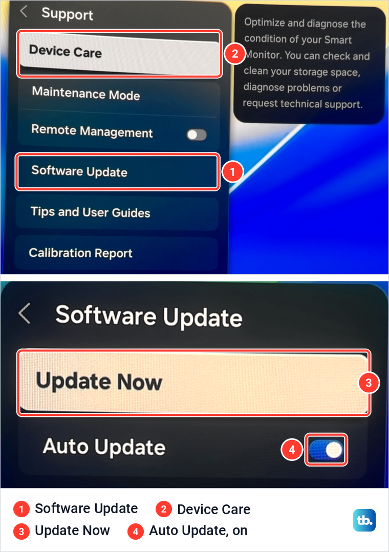 Samsung Support menu with Software Update and Device Care marked, above the Software Update page with Update Now and Auto Update.