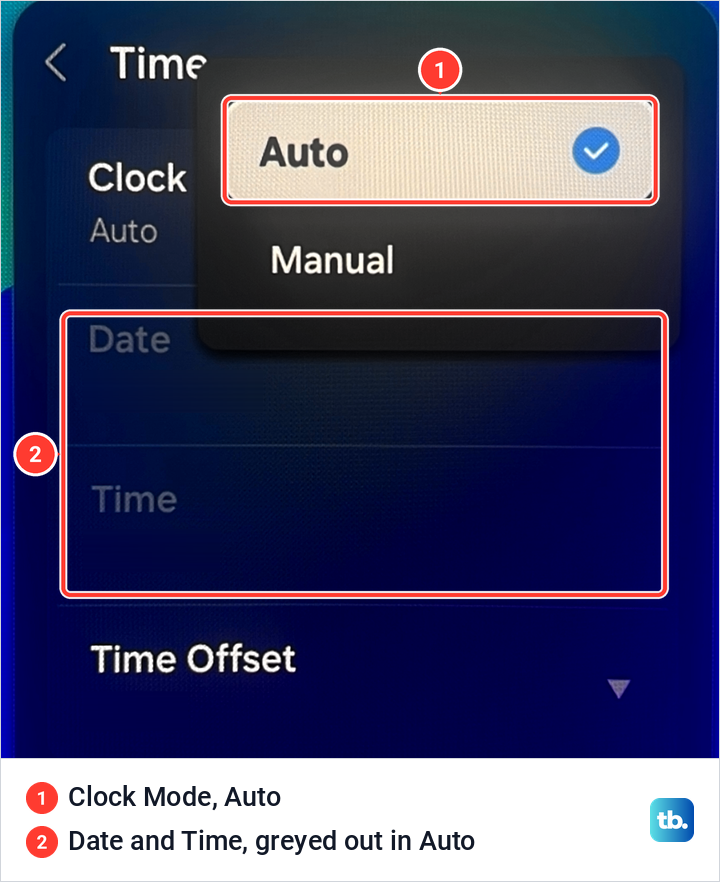 Samsung Time page with the Clock Mode list open on Auto and the Date and Time rows greyed out.