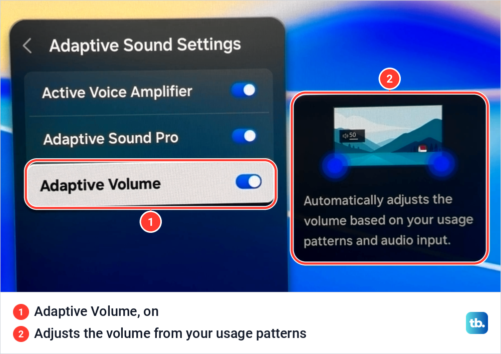 Samsung Adaptive Sound Settings with Active Voice Amplifier, Adaptive Sound Pro and Adaptive Volume all switched on.