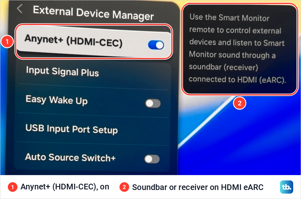 Samsung External Device Manager menu with Anynet+ (HDMI-CEC) switched on and a note about soundbars on HDMI eARC.
