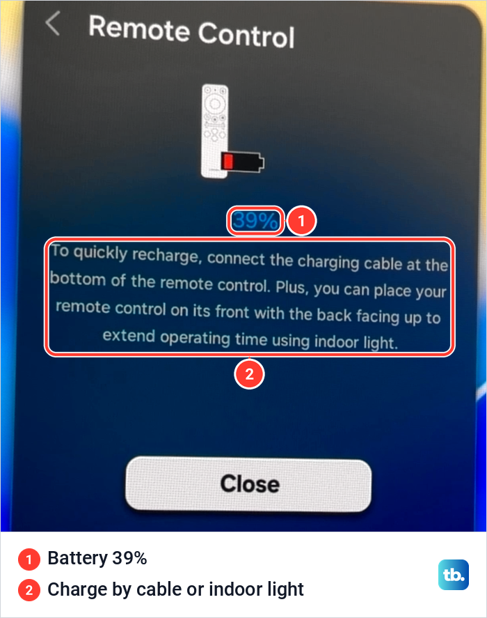 Samsung Remote Control screen showing a remote with a low battery icon, 39 percent, and charging advice above a Close button.
