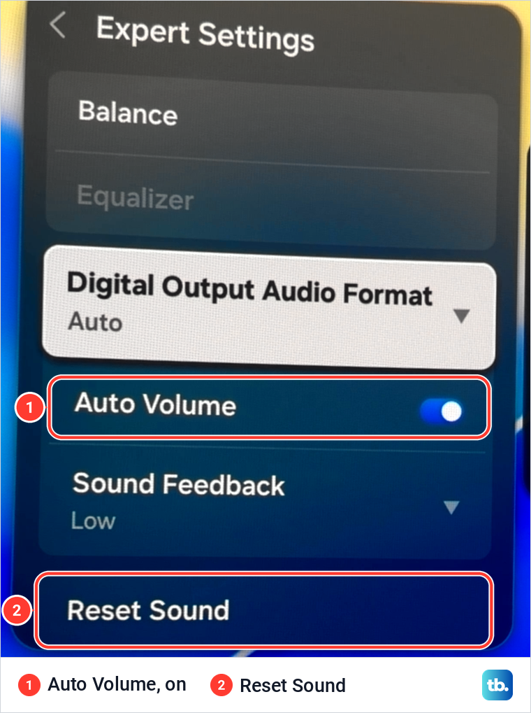 Samsung Sound Expert Settings list with Balance, Equalizer, Digital Output Audio Format, Auto Volume switched on, Sound Feedback and Reset Sound.