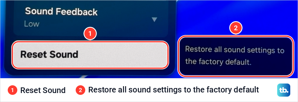 Samsung Sound Expert Settings with Reset Sound highlighted beside a description about restoring sound settings.