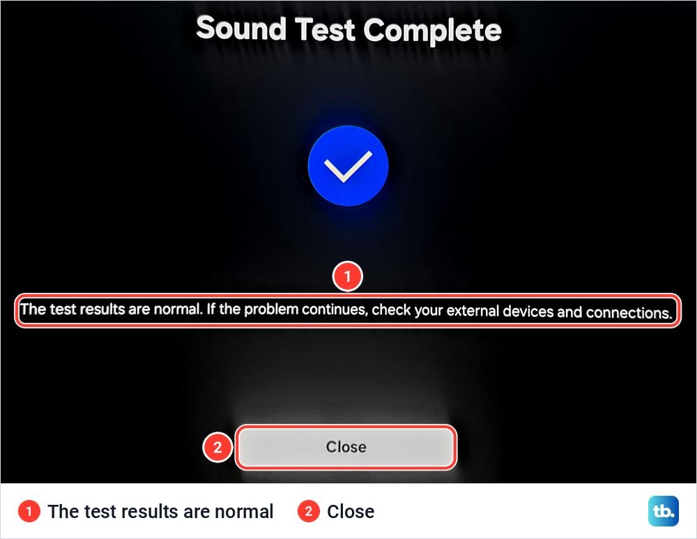 Samsung Sound Test Complete screen with a check mark and a message that the test results are normal.