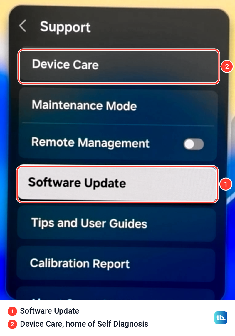 Samsung Support menu with Software Update highlighted and Device Care at the top of the list.