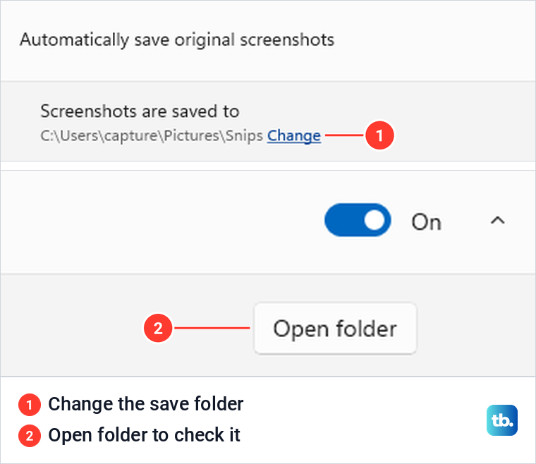 Snipping Tool settings showing the changed destination folder named Snips