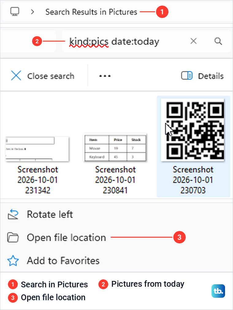 File Explorer picture search results and the Open file location command