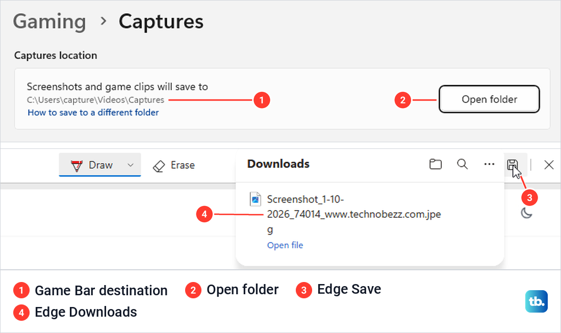 Game Bar capture location settings and Microsoft Edge Downloads panel