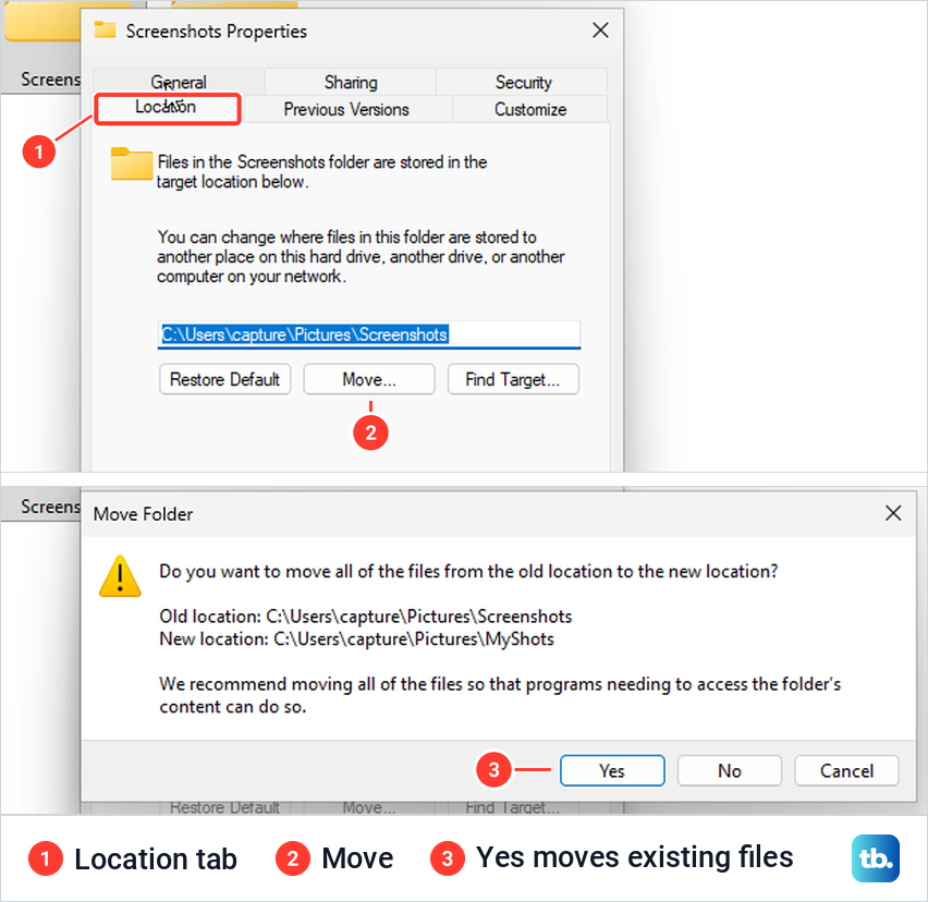 Screenshots folder Location tab and Windows confirmation for moving existing files