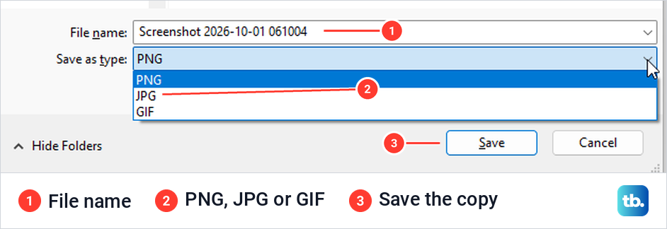 Snipping Tool Save As dialog with PNG JPG and GIF options