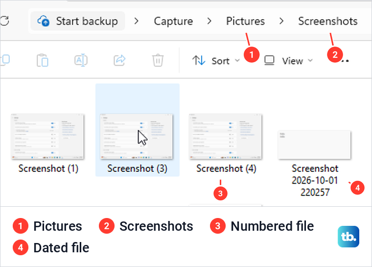 Windows File Explorer showing numbered and dated screenshot filenames together