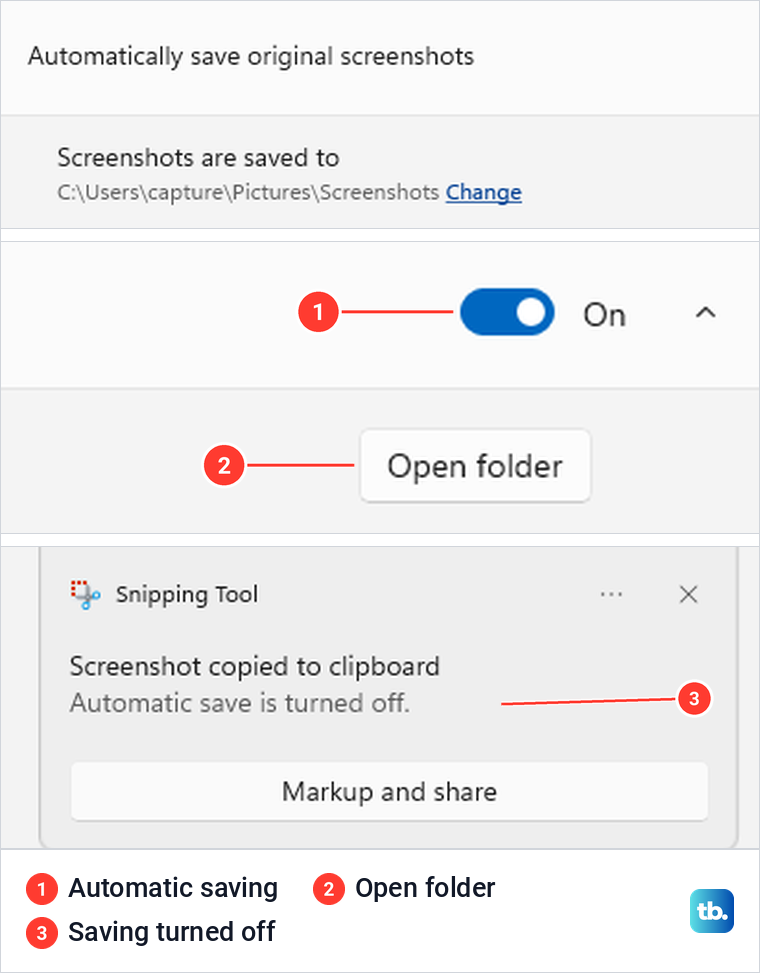 Snipping Tool save settings above a notification saying automatic save is off