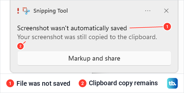 Snipping Tool notification reporting a failed save but a successful clipboard copy