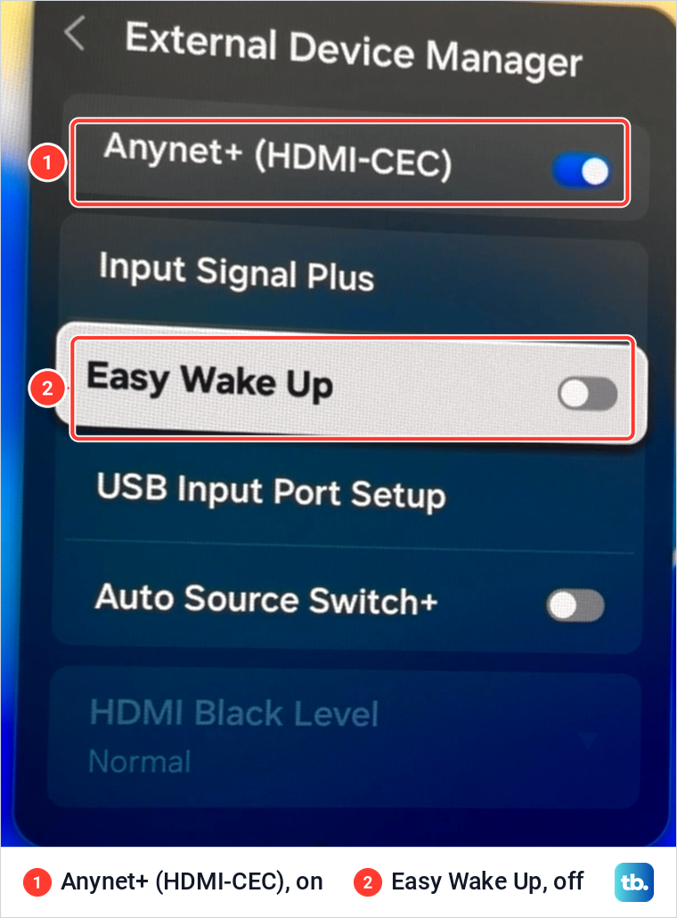 Samsung External Device Manager with Anynet+ HDMI-CEC switched on and Easy Wake Up switched off.