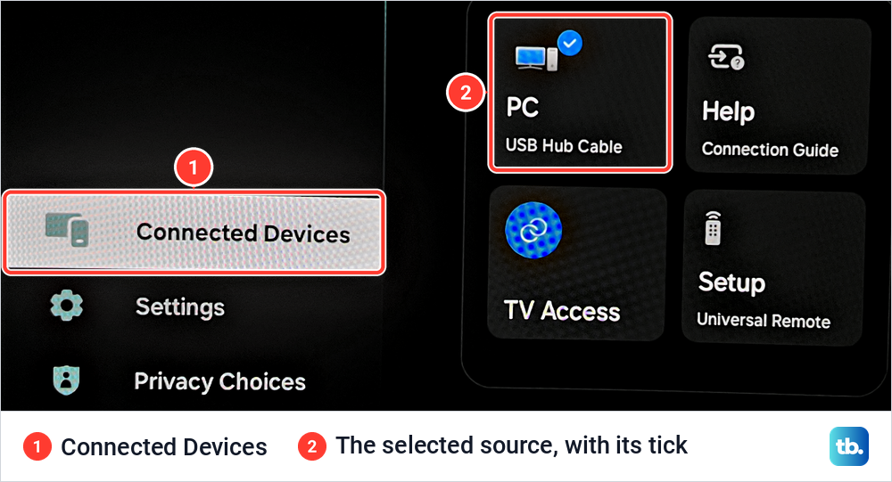 Samsung Home menu with Connected Devices selected beside four source tiles, the PC tile ticked.