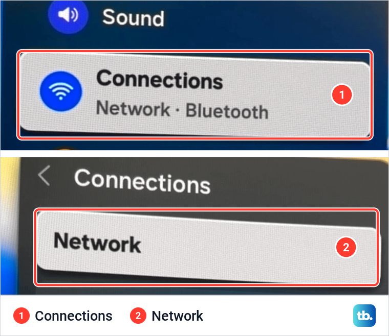 Samsung All Settings with Connections highlighted, above the Connections menu with Network as its first row.