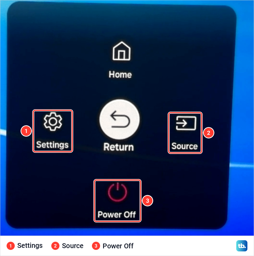 On-screen menu on our Samsung smart monitor with Home, Settings, Return, Source and Power Off.
