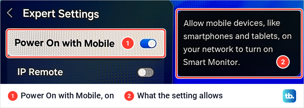 Samsung Expert Settings menu on our smart monitor with Power On with Mobile switched on.