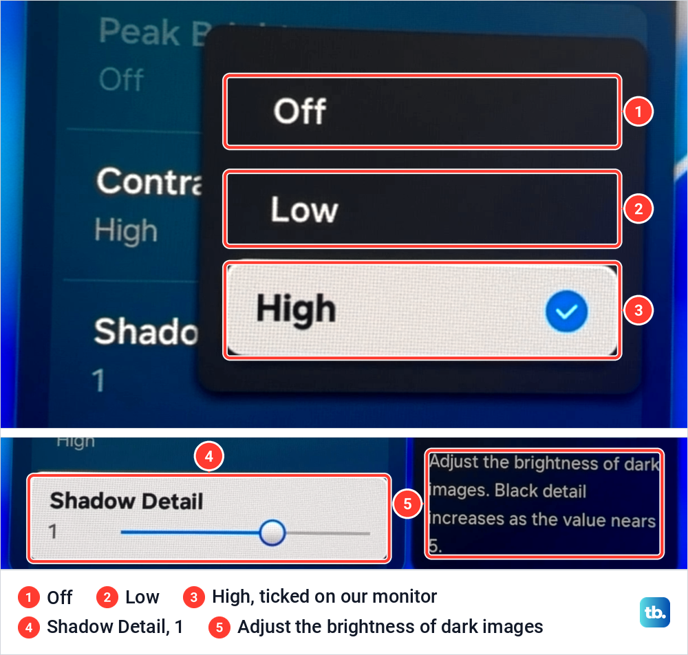 Samsung Contrast Enhancer list with Off, Low and High, High ticked, above Shadow Detail set to 1.