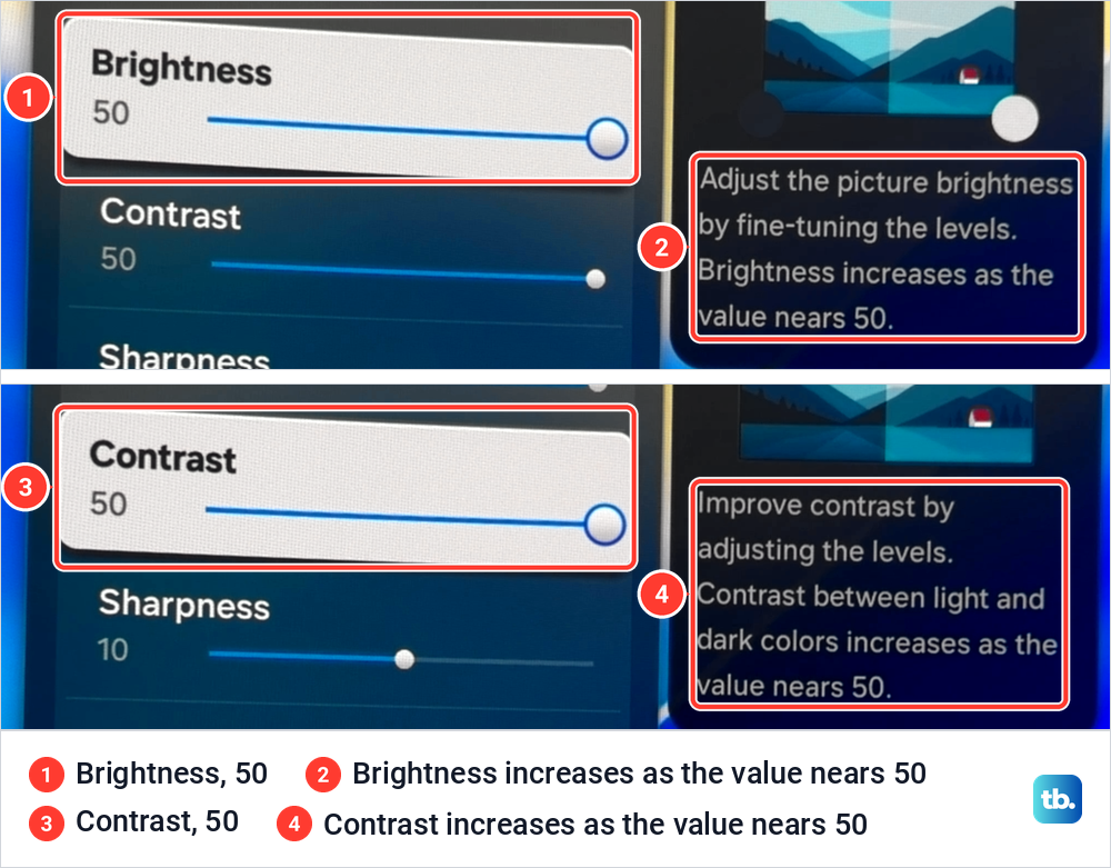 Samsung Expert Settings with Brightness at 50 and Contrast at 50, each with its help note.
