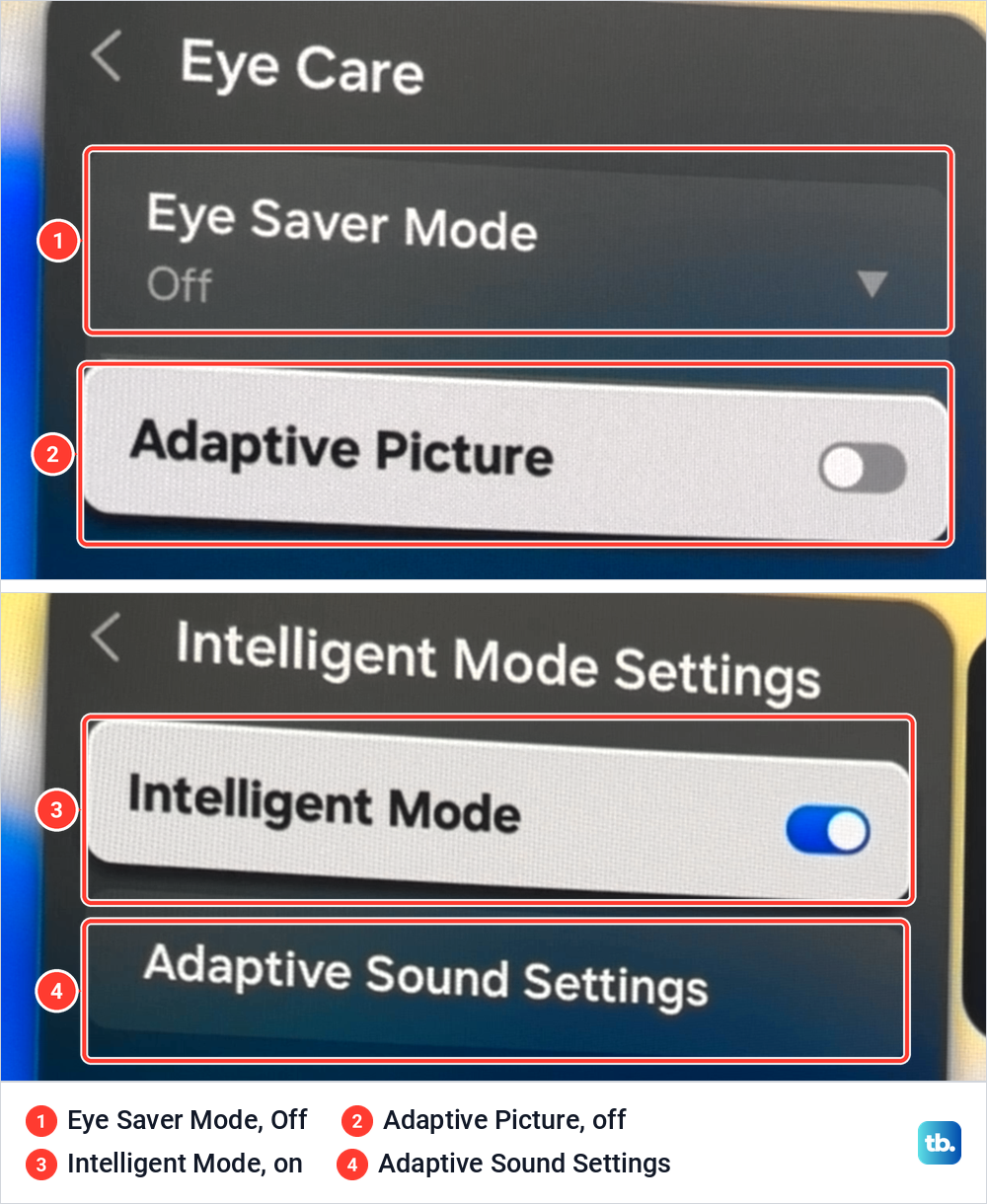 Samsung Eye Care menu with Eye Saver Mode and Adaptive Picture off, above Intelligent Mode Settings with Intelligent Mode on.
