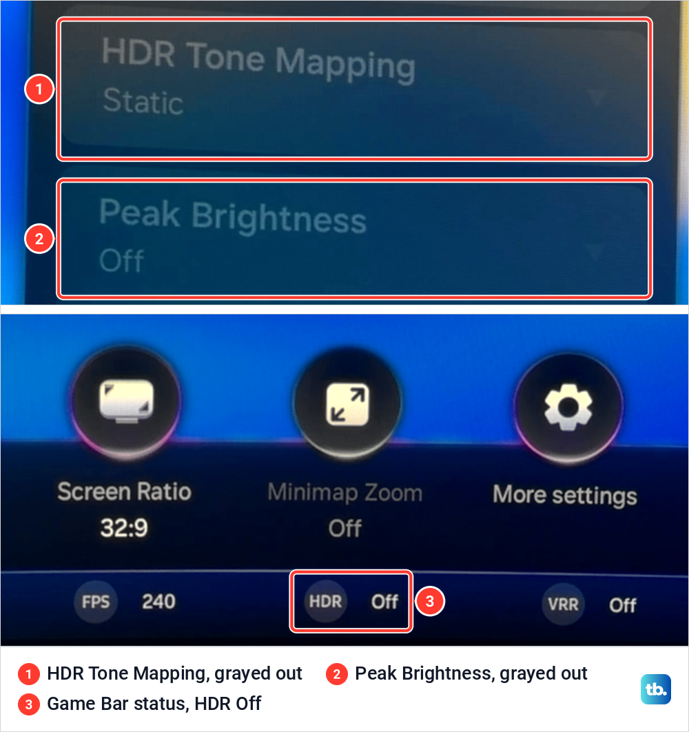 Samsung HDR Tone Mapping and Peak Brightness rows grayed out, above a Game Bar status line reading HDR Off.