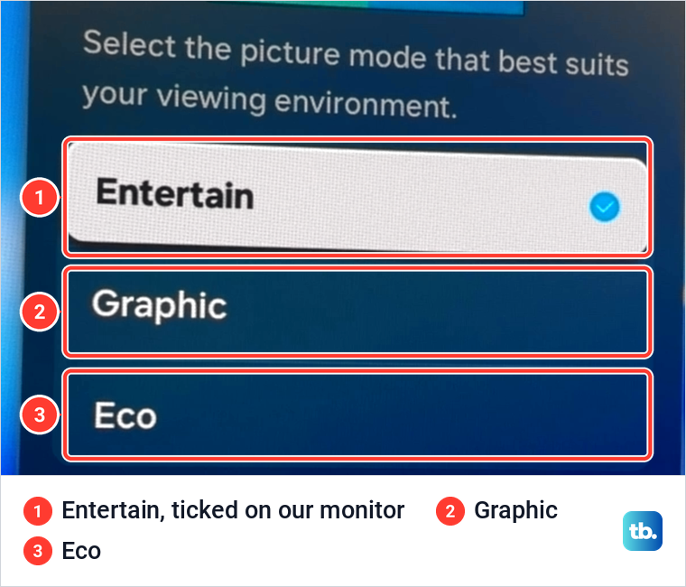 Samsung Picture Mode list on a smart monitor with Entertain ticked above Graphic and Eco.