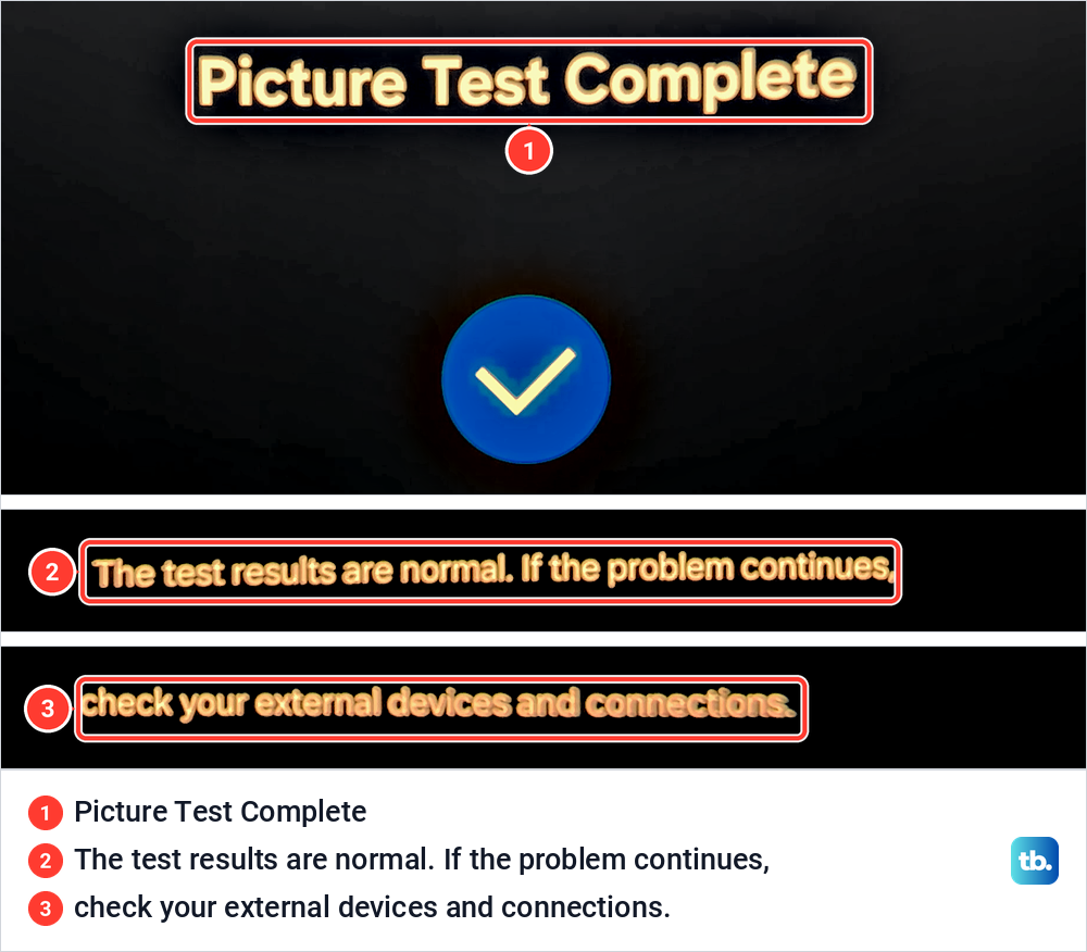 Samsung Picture Test Complete screen with a blue tick and the message that the test results are normal.