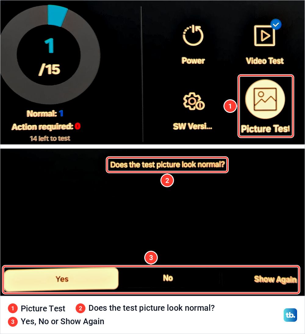 Samsung Self Diagnosis with the Picture Test tile marked, then the question Does the test picture look normal.