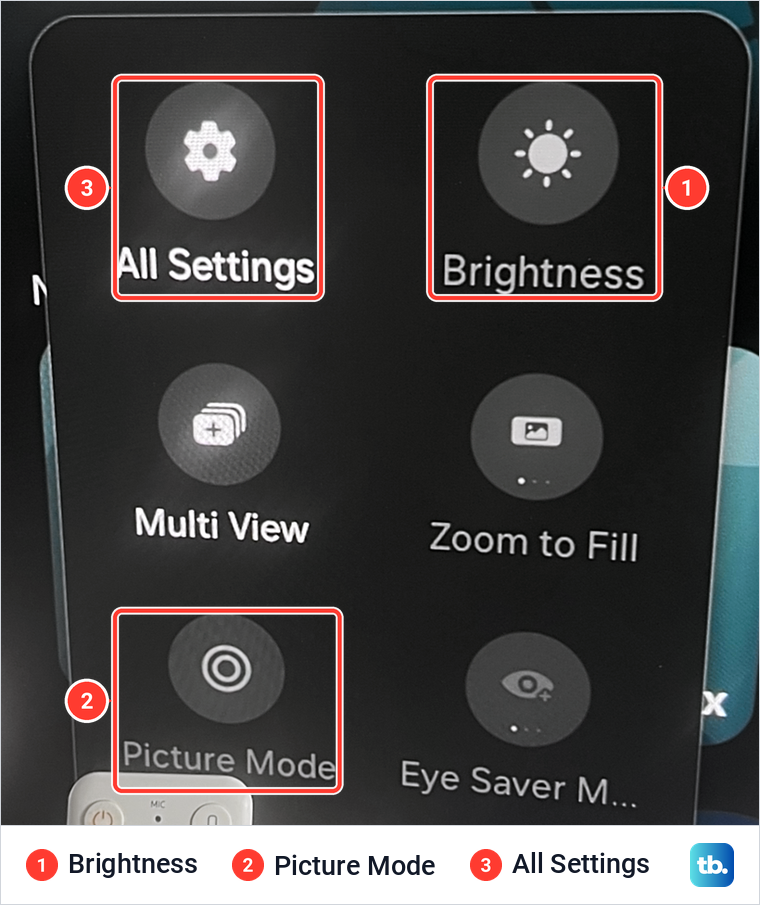 Samsung quick settings panel with the Brightness, Picture Mode and All Settings tiles marked above a white remote.