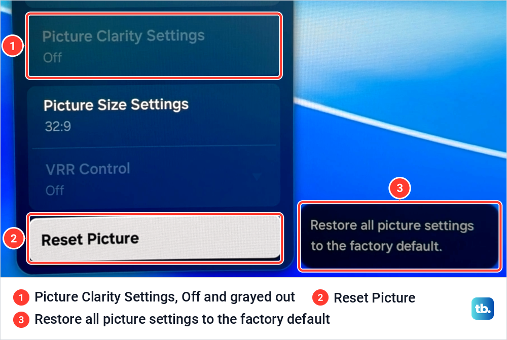 Samsung Expert Settings scrolled to the bottom with Reset Picture highlighted and its factory default note.